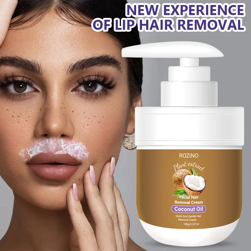 Rozino Coconut Oil Lip Hair Removal Cream, with a Smooth Texture and Easy to Apply, Contains Coconut Oil Ingredients to Gently Care for the Skin Around the Lips. Overall, It Has a Mild Nature, Is Comfortable to Use, and Has a
