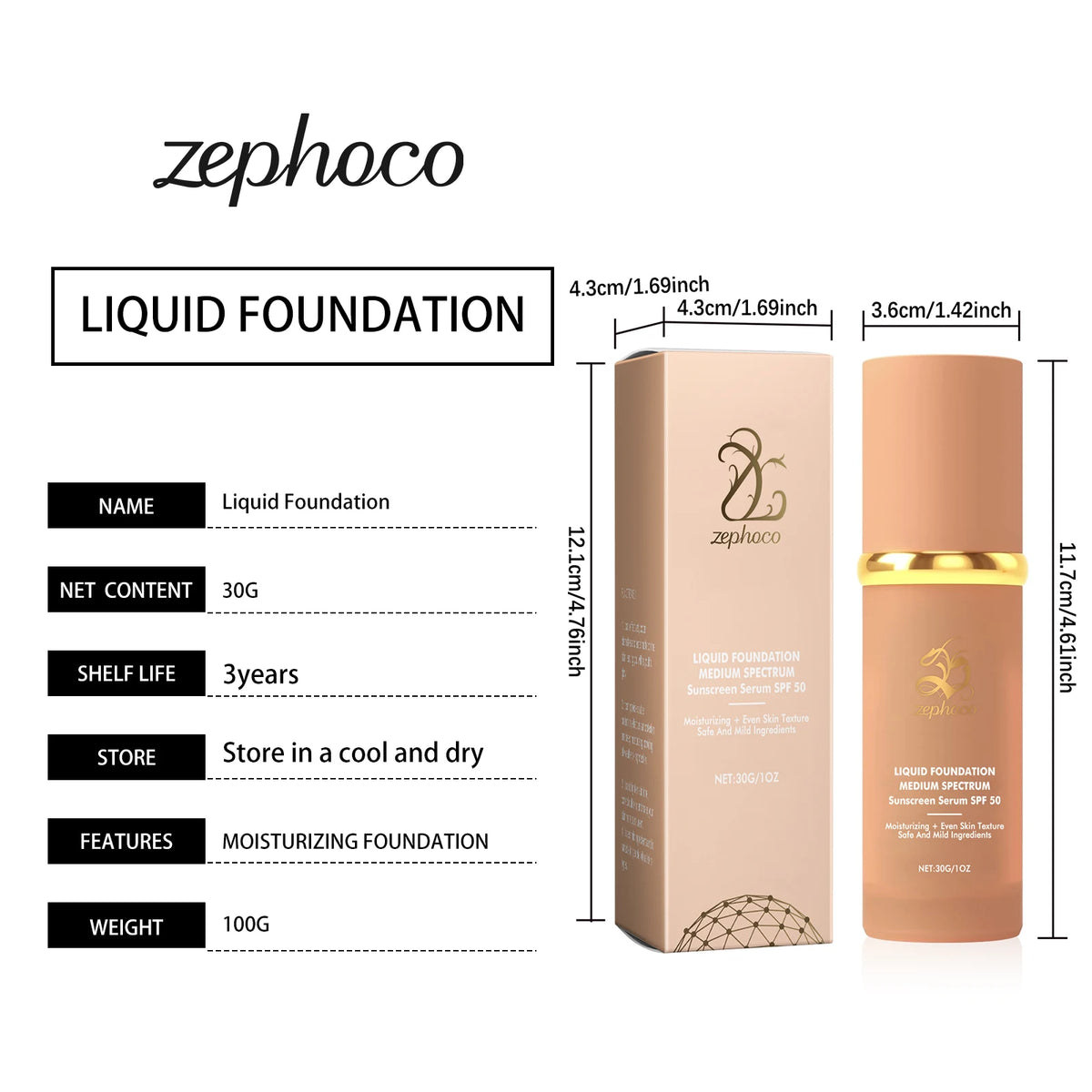 Zephoco Color Changing Liquid Foundation Waterproof Sweatproof SPF50+ High Coverage Flawless Complexion Concealer Long Lasting Base Makeup