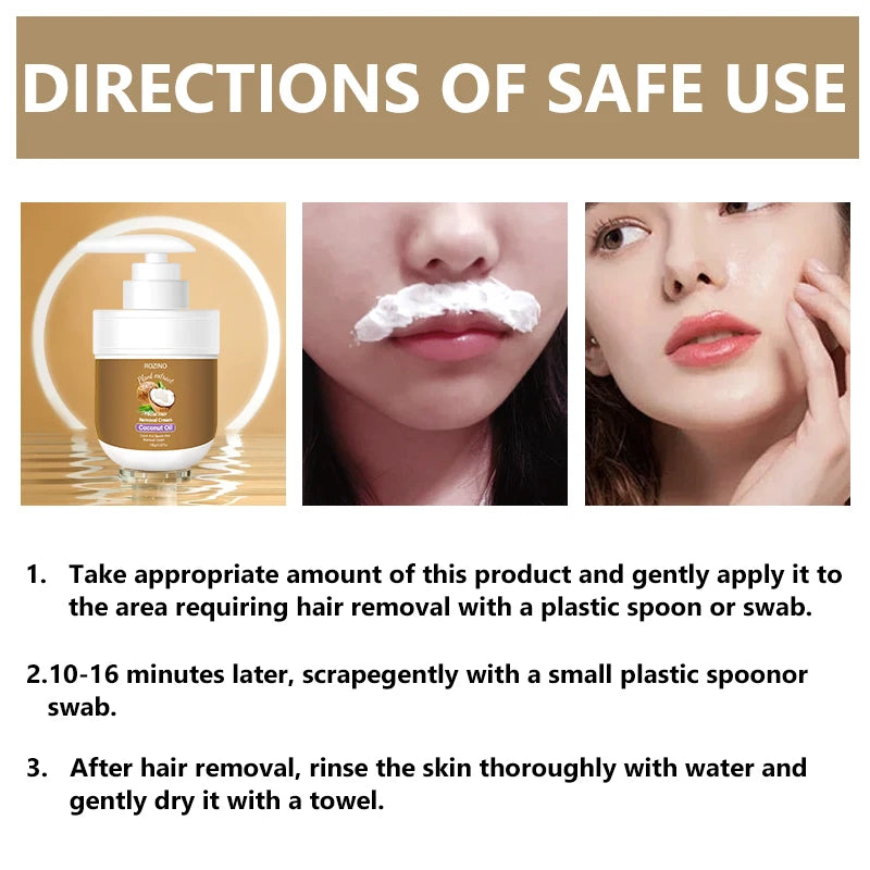 Rozino Coconut Oil Lip Hair Removal Cream, with a Smooth Texture and Easy to Apply, Contains Coconut Oil Ingredients to Gently Care for the Skin Around the Lips. Overall, It Has a Mild Nature, Is Comfortable to Use, and Has a
