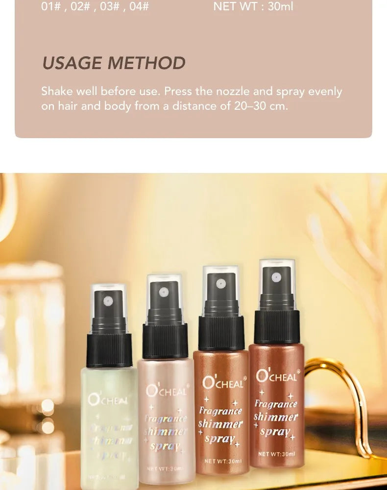 Ocheal 30ml Fragrance Shimmer Glitter Spray Shining Brightly Highlighter Powder Spray Long Lasting Body Hair Hand Neck Clothes