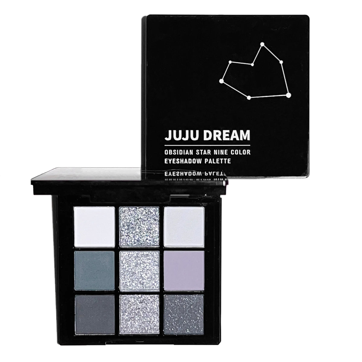 9-shade eyeshadow palette: Black Swan, Smoky, Dark Black, Grey Silver Glitter, Matte Finish, Long-lasting, and easy to color