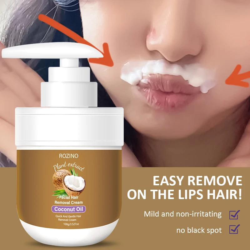 Rozino Coconut Oil Lip Hair Removal Cream, with a Smooth Texture and Easy to Apply, Contains Coconut Oil Ingredients to Gently Care for the Skin Around the Lips. Overall, It Has a Mild Nature, Is Comfortable to Use, and Has a
