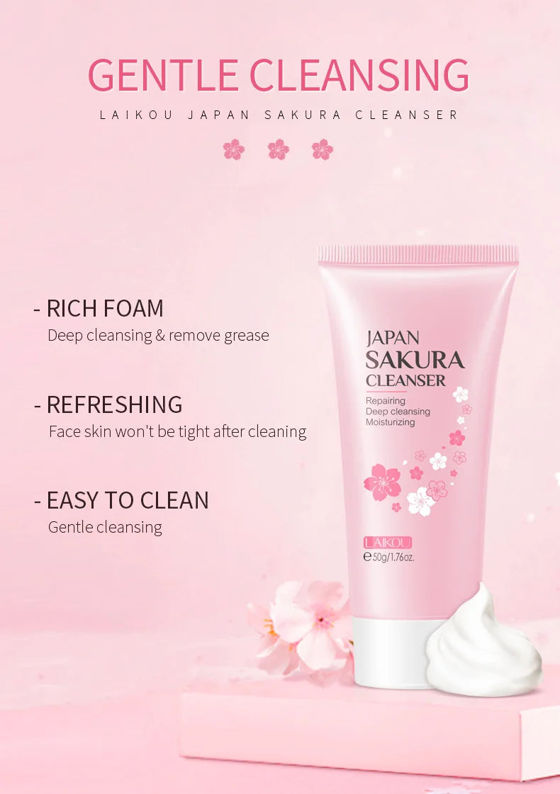 LAlKOU Japan Sakura Gentle Cleansing Facial Cleanser Shrink Pores Deep Clean Oil Control Remove Blackhead Moisturizing Skin Care