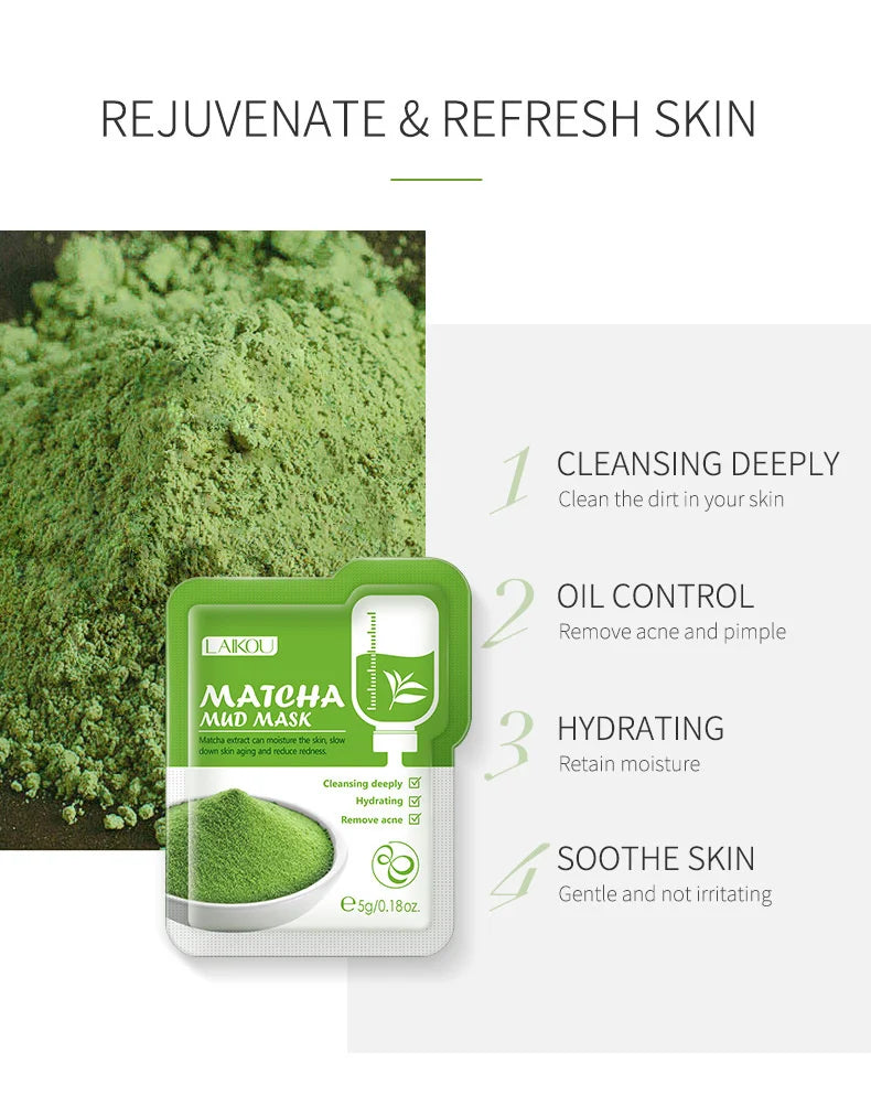 LAIKOU 7pcs Matcha Green Clay Mud Face Mask Night Facial Packs Dark Circle Moisturize Mask for Facecare