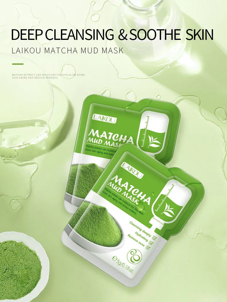 LAIKOU 7pcs Matcha Green Clay Mud Face Mask Night Facial Packs Dark Circle Moisturize Mask for Facecare