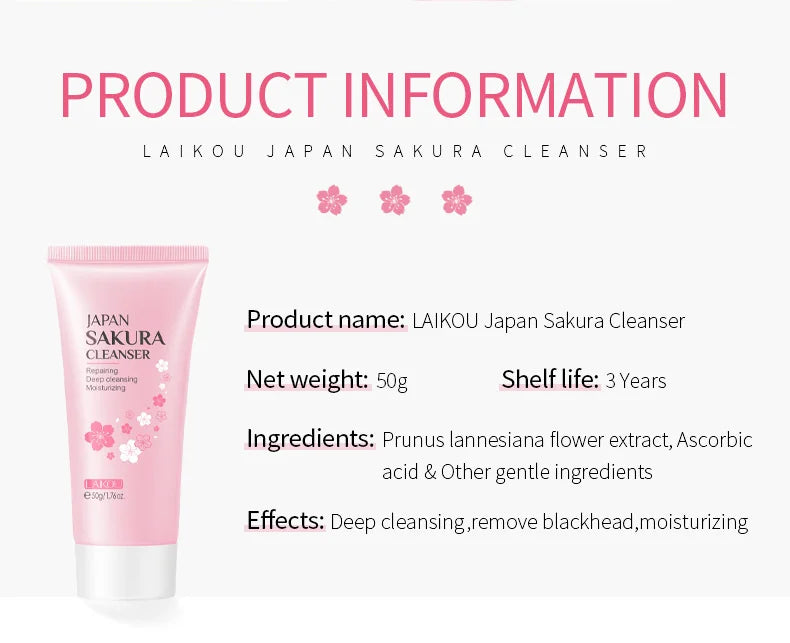LAlKOU Japan Sakura Gentle Cleansing Facial Cleanser Shrink Pores Deep Clean Oil Control Remove Blackhead Moisturizing Skin Care