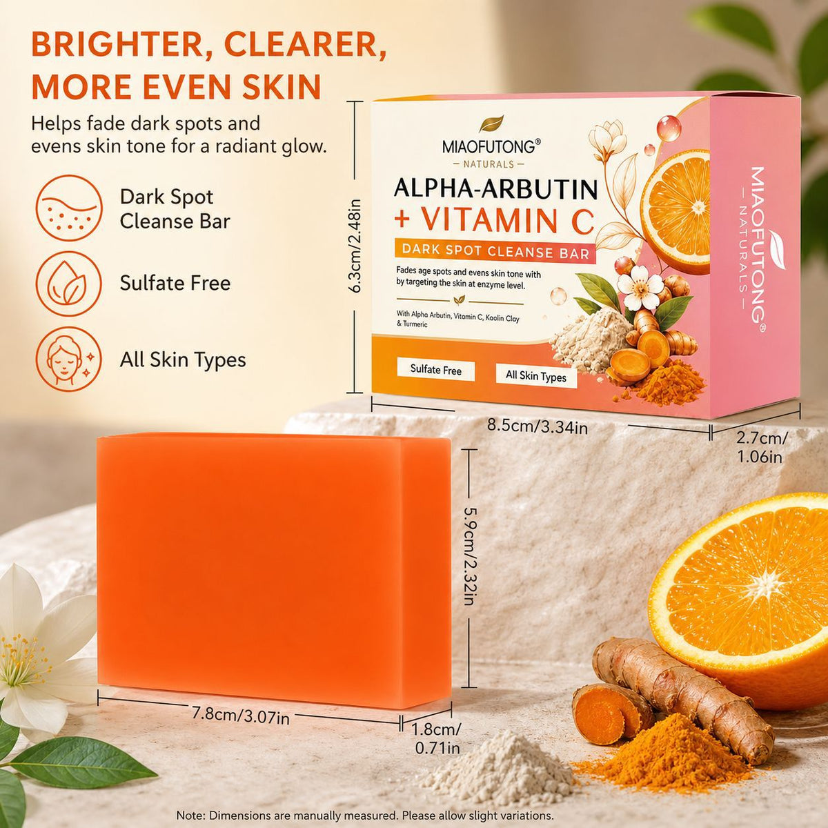 RDQCTQ 1pcs Turmeric Natural Bar Soap, Lemon Kojic Acid Soap, Shower and Facial Soap -No Harsh Ingredients 100g