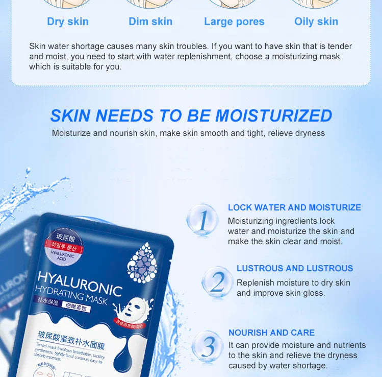 10 Pieces Hyaluronic Acid Facial Mask Sheet Pores Moisturizing Oil-Control Anti-Aging Replenishment Whitening Face Care