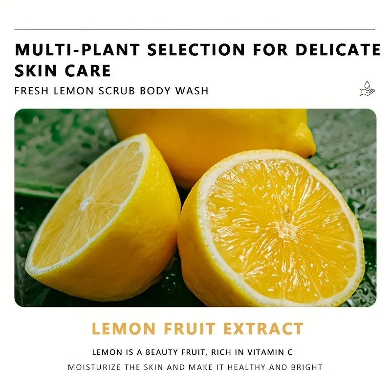 300ml Lemon Scrub Shower Gel, Alcohol-Free, Non-Greasy, Formaldehyde-Free, Rich in Citric Acid, Vitamin E, and Hyaluronic Acid, Suitable for All Light Beige Skin Types, with a Fresh Scent, Featuring Moisturizing, Nourishing,
