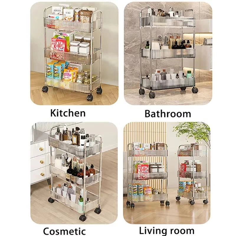 2/3/4 Layers Transparent Storage Rack with Wheels, Home Trolley Cart Suitable for Snacks Cosmetic Sundries and Kitchen Organizer