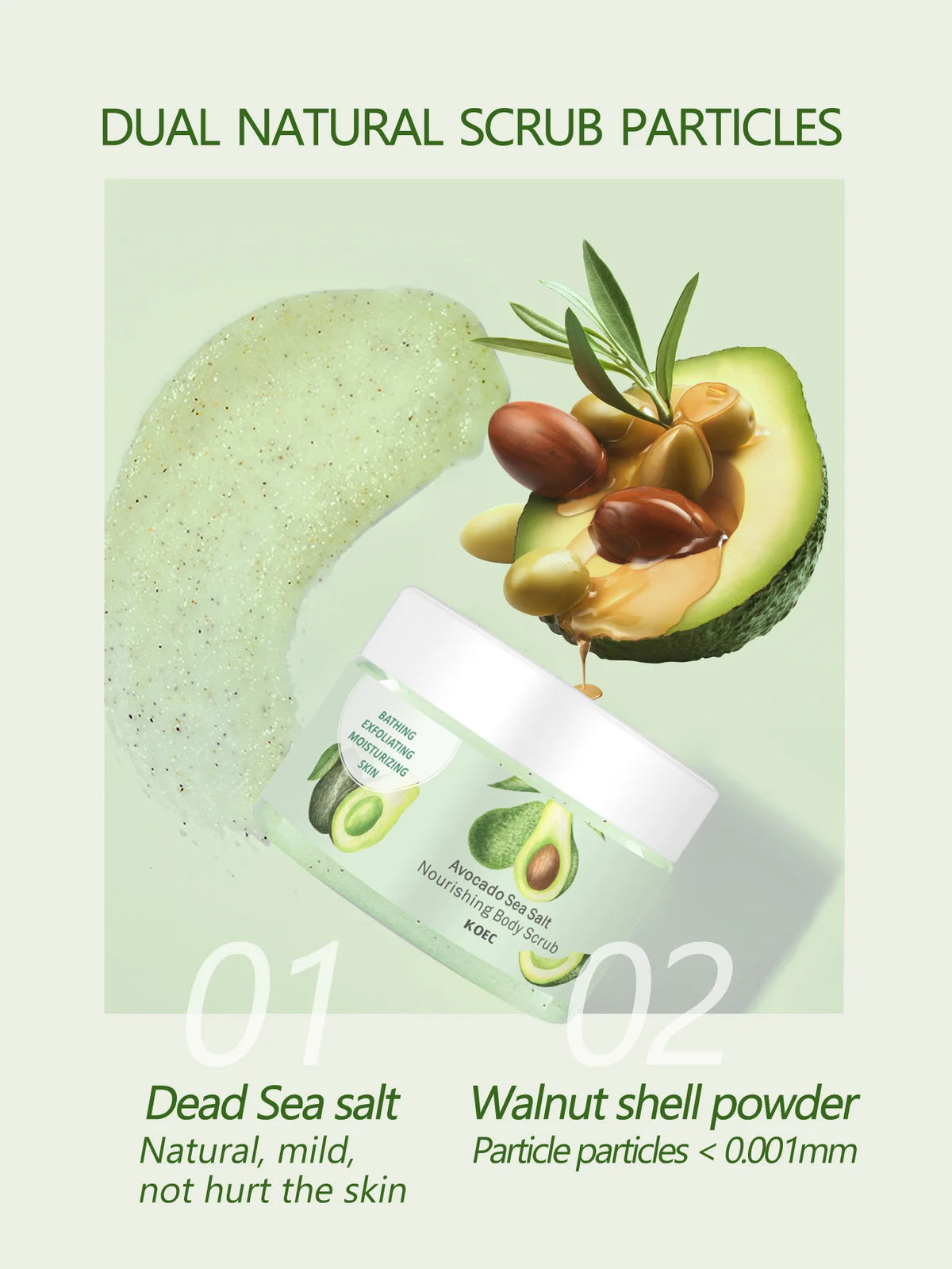 230g KOEC Avocado Dead Sea Salt Bathing Body Scrub Moisturizing Exfoliating Nourishing Brightening Shea Butter Natural Seed Oils