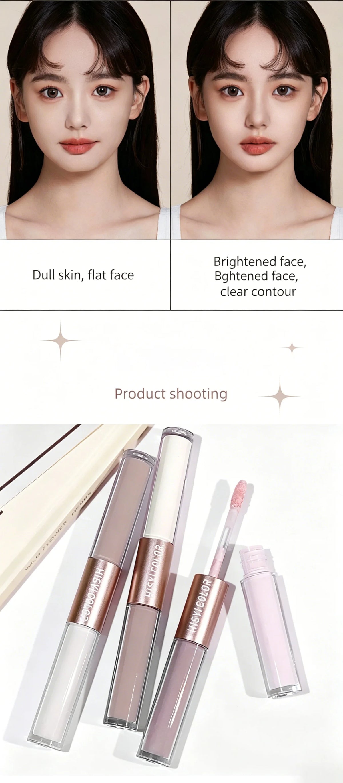 The dual-head highlighter brightens the complexion, regulates facial contours, and is long-lasting and waterproof