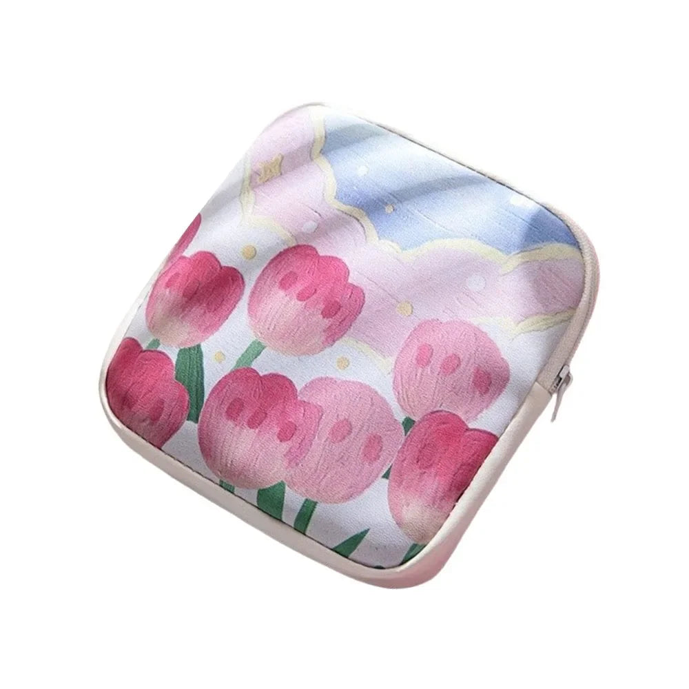 Creative PVC Sanitary Pads Bag Fashion Floral Print Large Capacity Multipurpose Coin Purse Portable Cosmetic Storage Bag