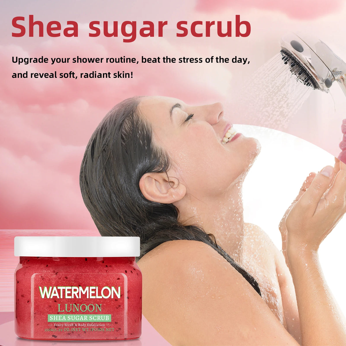 Watermelon Shea Sugar Scrub 150g - Natural Body Exfoliator, Moisturizing, Smoothing, for Elbow, Knee, Back, Leg, All Skin Types