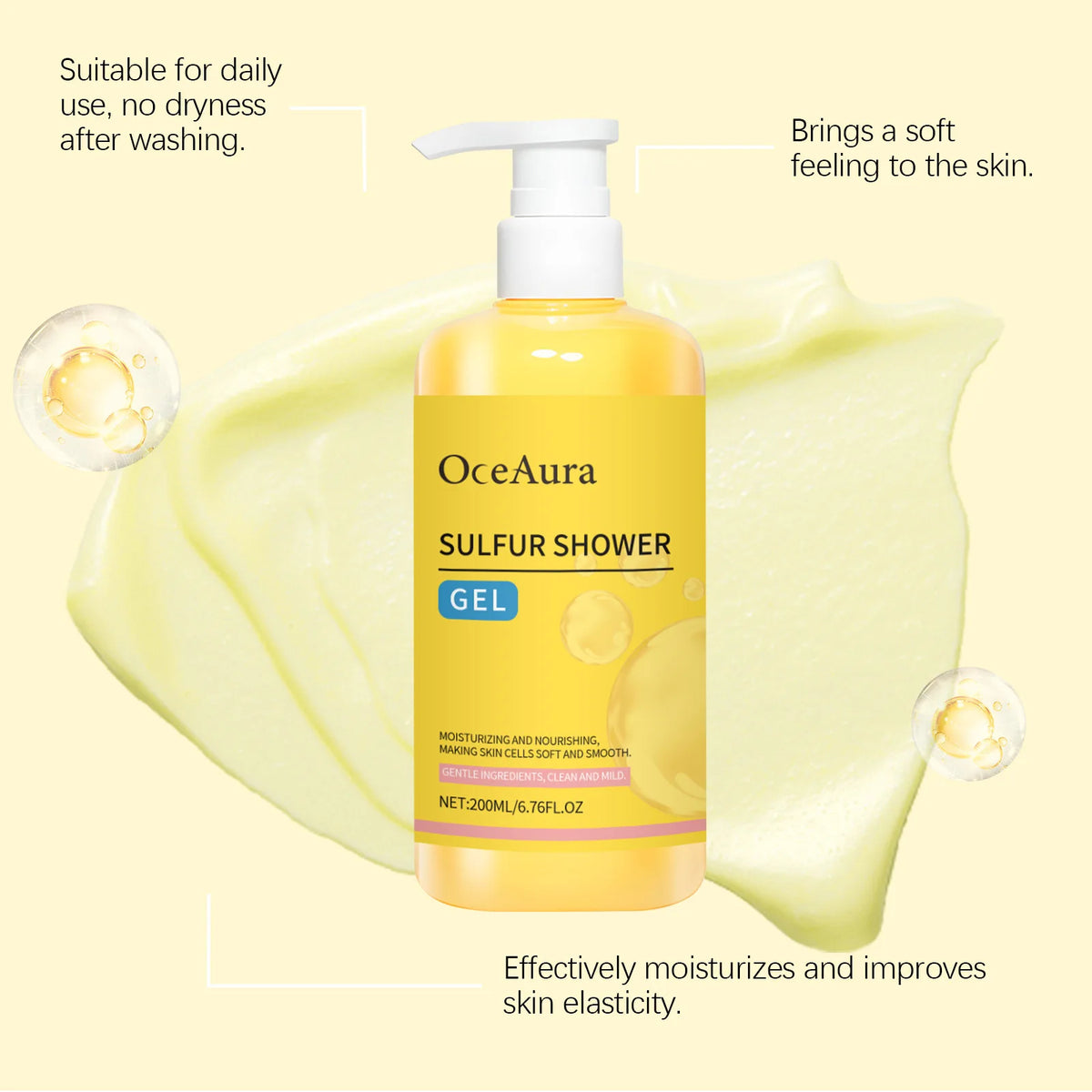 OceAura Sulfur Shower Gel Softening Skin Refreshing Smoothing Long Lasting Moisturizing Gentle Cleansing Sulfur Body Wash 200ml
