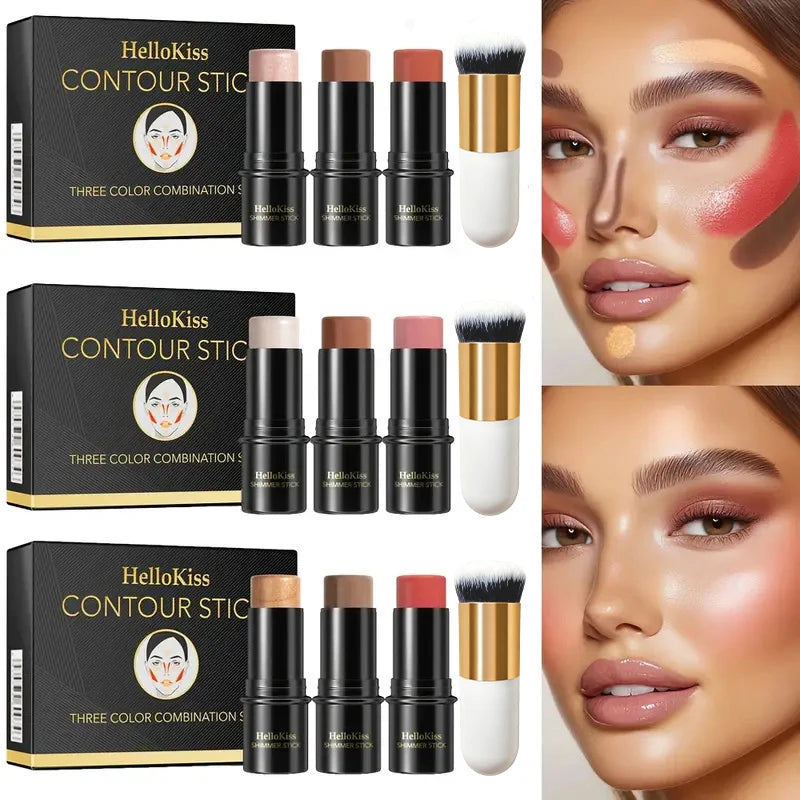 4pcs Contour Stick Set, Highlighter, Blush & Bronzer with Highlight Brush Long-Lasting, Perfect for Halloween & Graduation Gifts