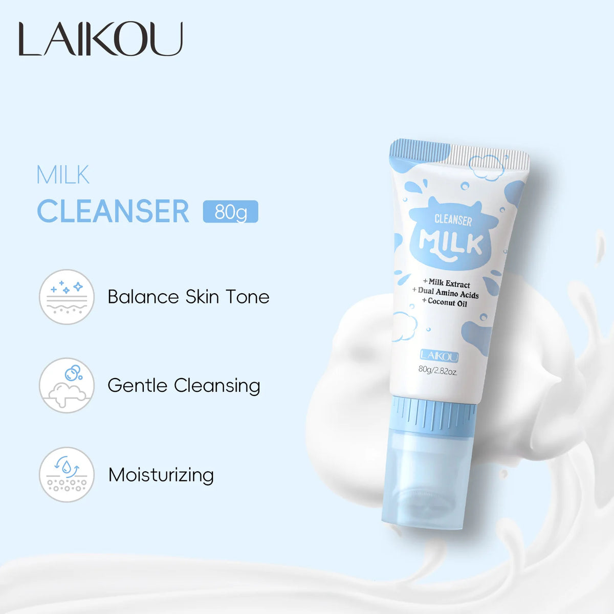 LAIKOU Milk Foaming Cleanser Dual Amino Acids Gentle Deep Cleansing Brightening for All Skin Types 80g