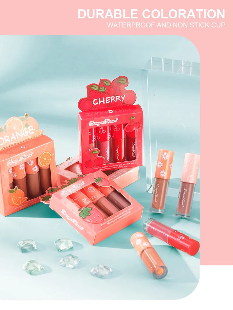 Mini Velvet Matte Lip Gloss Set, 3pc/4pcs Non-Fading, Non-Stick Cup, Long-Lasting Fruit Scented Lip Tint, Smooth and Lightweight