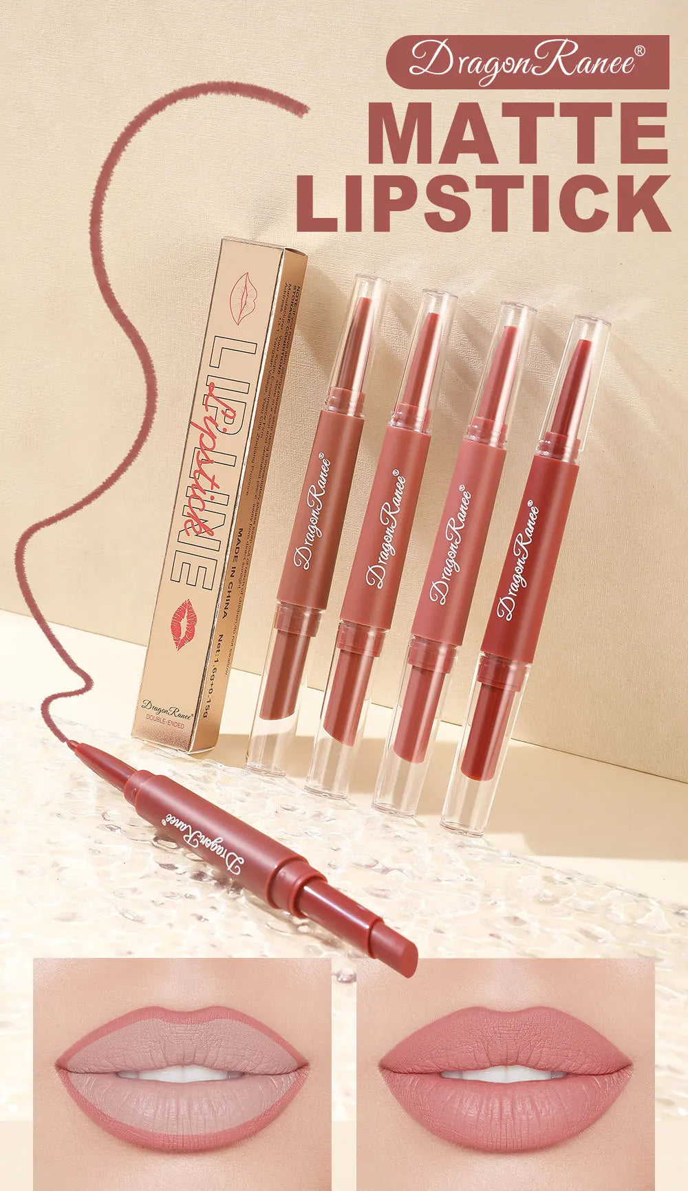 Waterproof Nude Matte Lip Liner Pencil Double Ended Matte Lipstick Lasting Moisturizing Rose Red Lipstick 2 in 1 Lipliner Makeup
