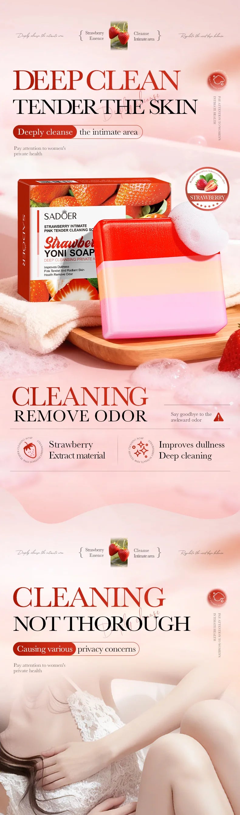 Soothing pH Balance Yoni Soap 100g – Mild Strawberry Scent, Gentle Daily Cleansing with Foam Net for Sensitive Skin