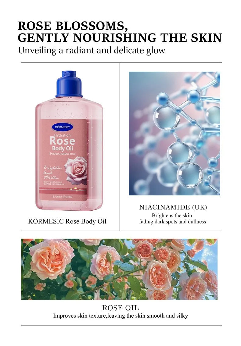 KORMESIC Body Oil 260ml Rose/Cocoa/Coconut Hydrating Brighten Skin Texture Soothe Discomfort Essential Oil