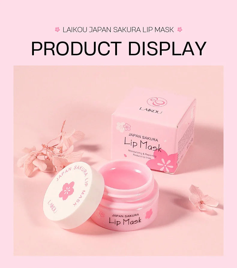 LAIKOU Cherry Blossom Lip Serum Mask Dry Crack Peeling Repair Reduce Lip Fine Lines Essence Moisturizing Sakura Beauty Care 8g