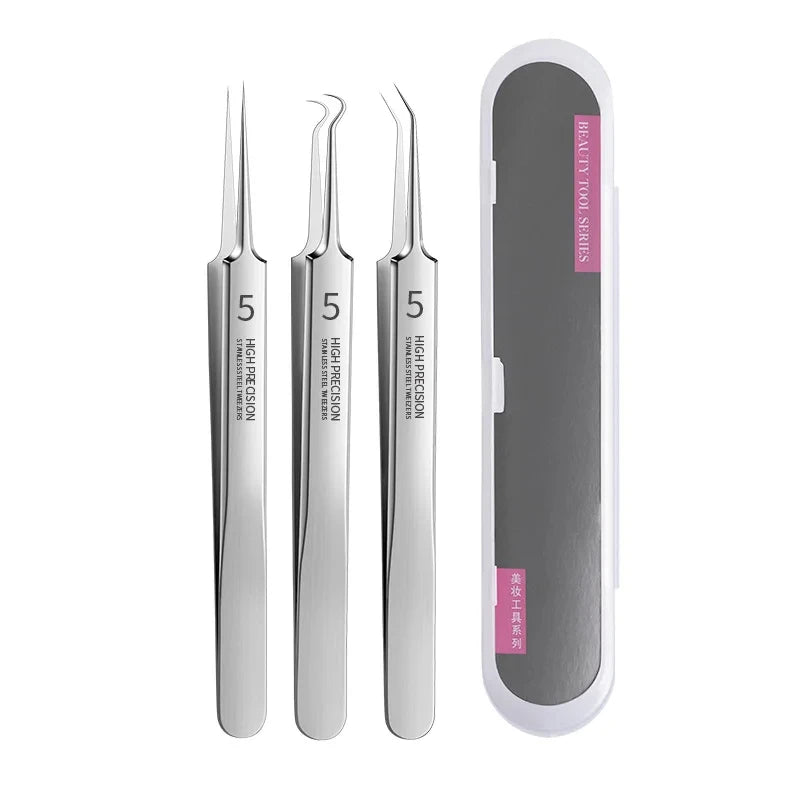 Stainless Steel Tweezers, Facial Blackhead Remover Set - 3-Piece Set With Storage Box, Ultra-Sharp, Cleans Facial Pores