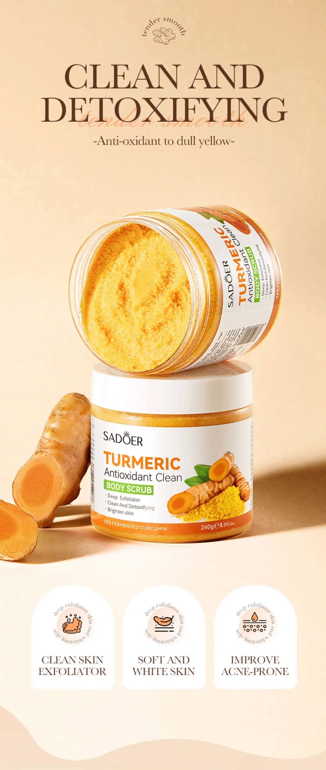 240g Turmeric Body Scrub, Antioxidant, Deep Exfoliating, Cleanses, Brightens, And Smooths Skin
