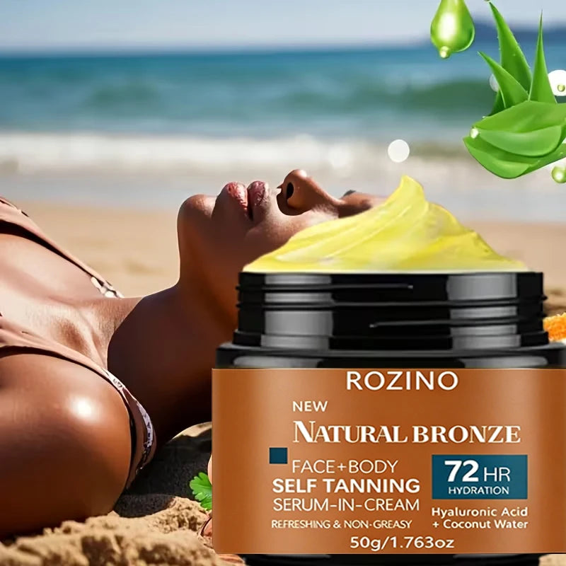ROZINO Moisturizing Quick-Tanning Self-Tanning Lotion has a moist texture that is easy to apply, providing an even and natural finish. It can soften and protect the skin, improve dryness, and provide a harmonious and natural