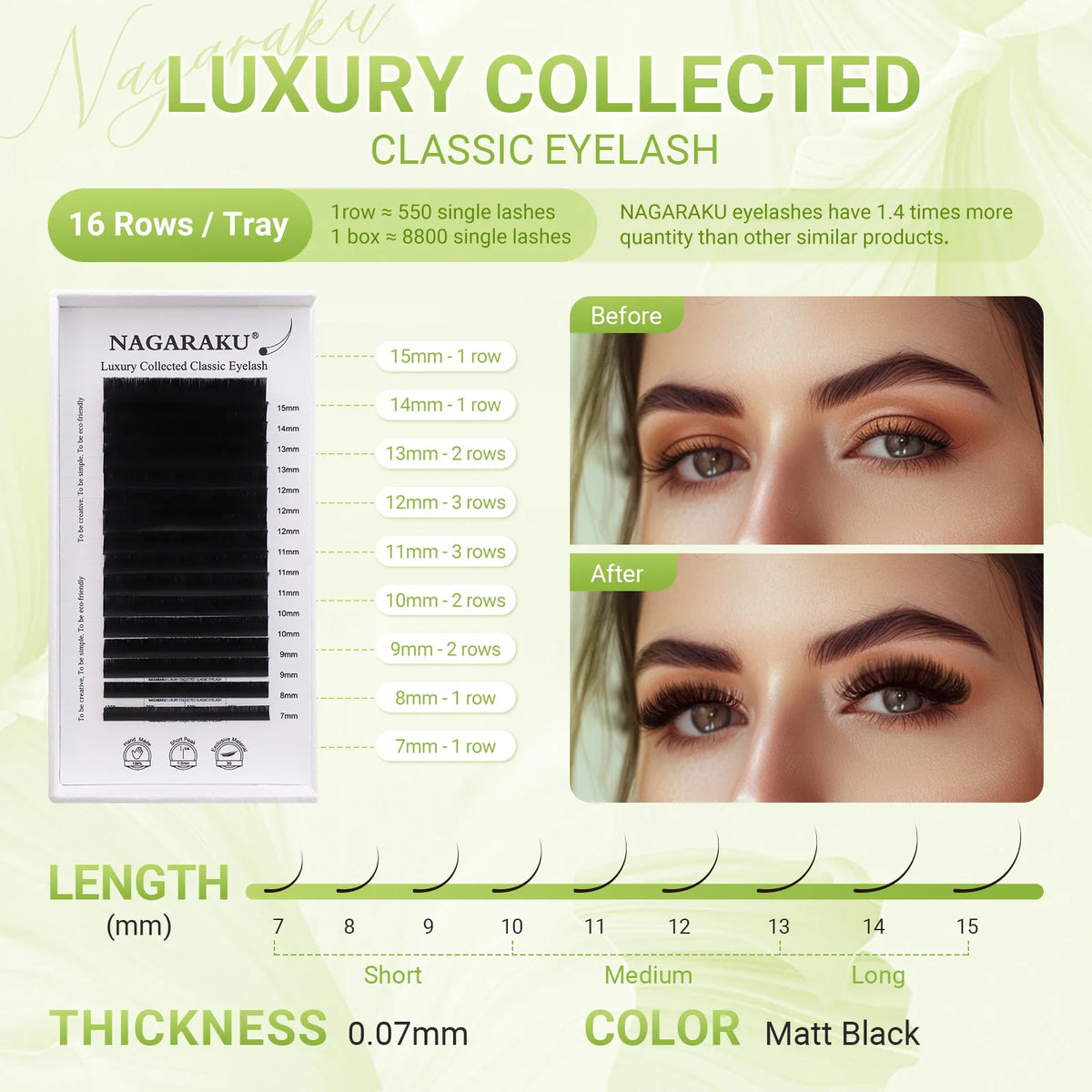 NAGARAKU Luxury Classic Eyelash Matte Black Dark Brown 100% Hand Made 3rd Classic Eyelash 16rows Individual Soft Natural