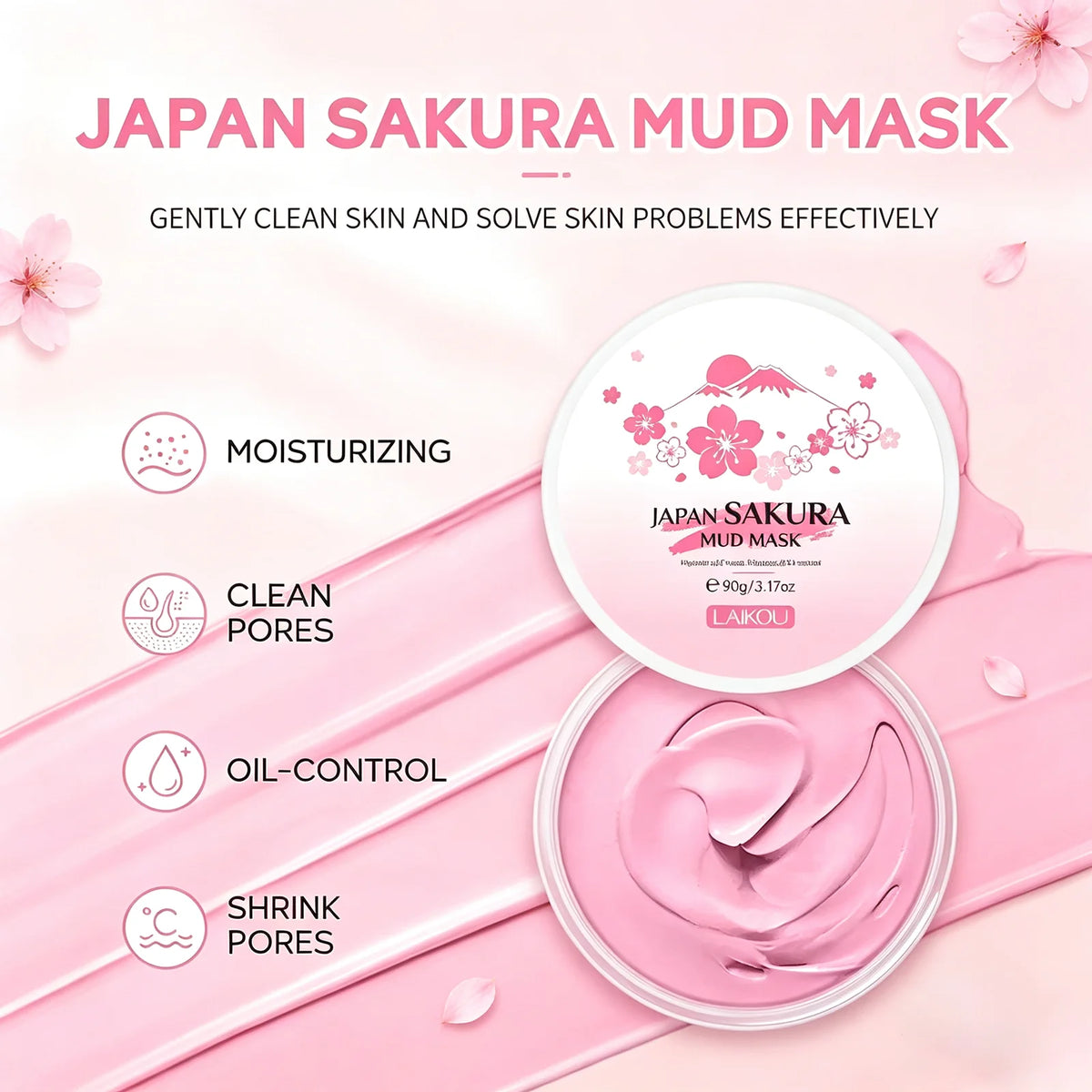 Laikou Sakura Mud Mask Deep Cleansing Oil Control Balance Antioxidan Shrink Pores Remove Blackheads Refreshing Facial Mask90/25g