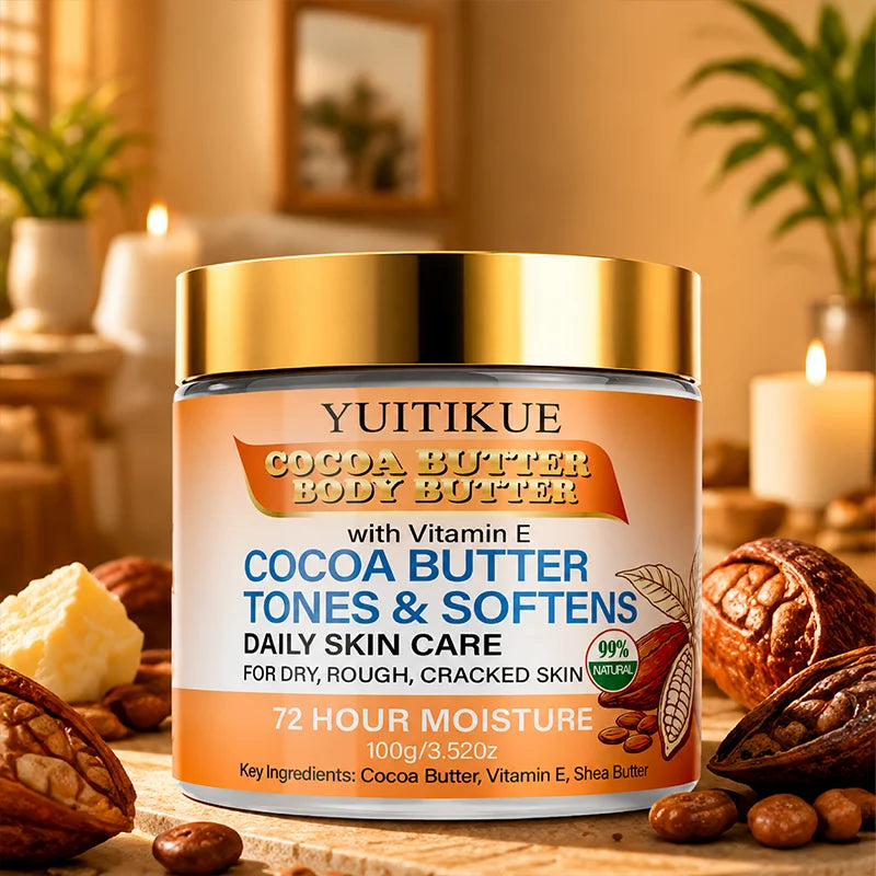 YUITIKUE Natural Cocoa Butter Body Butter, Shea Butter Vitamin E 72H Moisturizer for Dry Cracked Skin 100g