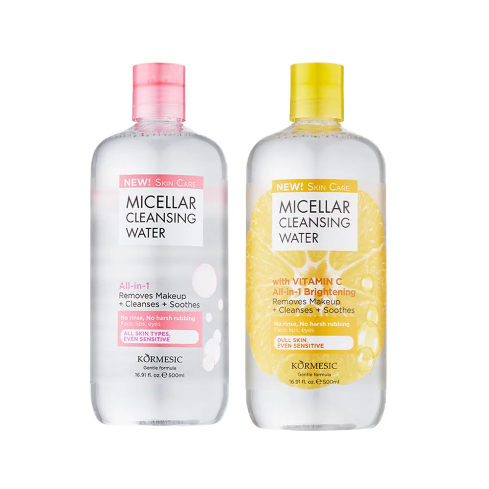 KORMESIC Micellar Water 500ml – Vit C Brightening / HA Hydrating, Removes + Cleanses, No Rinse, Face/Lips/Eyes
