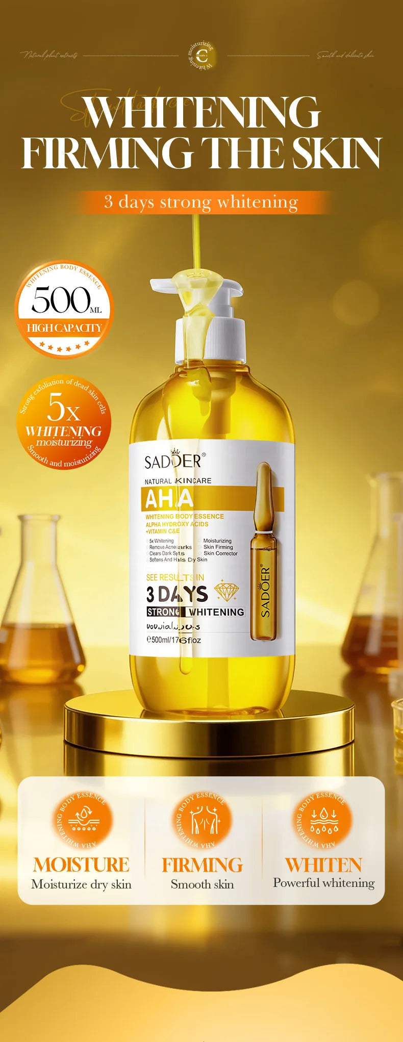 SADOER AHA Whitening Body Essence 500ml Moisturizing Brightening Face Serum Improve Dull Skin Full Body Hydrating Skin Care