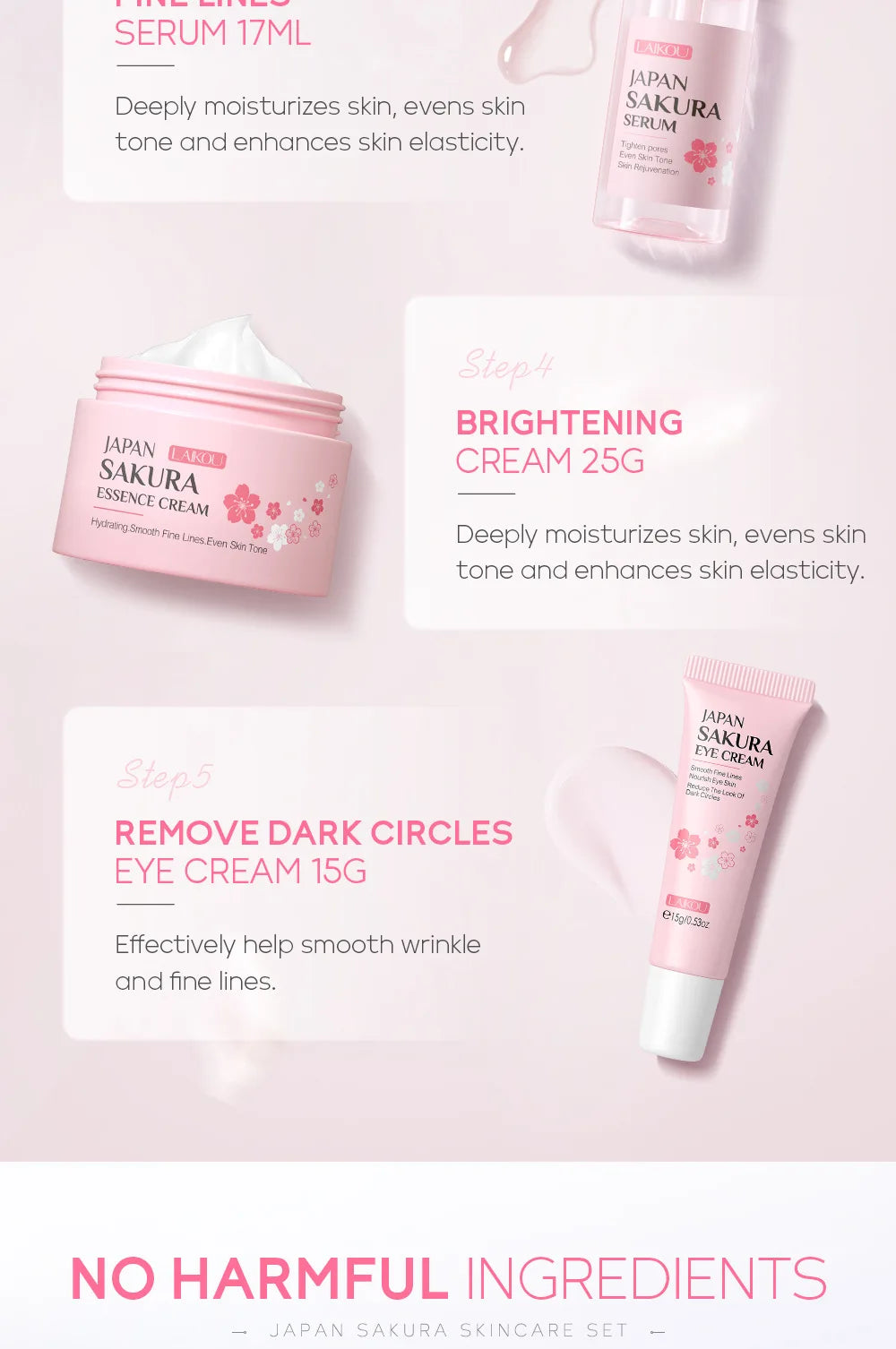 LAIKOU Sakura 5pcs Skin Care Kit Cleanser Toner Serum Eye Cream Essence Cream Moisturizing Beauty Gift Box For Women ﻿
