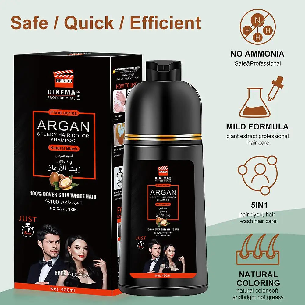 3-in-1 Collagen Argan Oil Shampoo Long-Lasting Black Hair Dye Shampoo for Men Women Nourishes Colors Gray Hair, 400/420ml