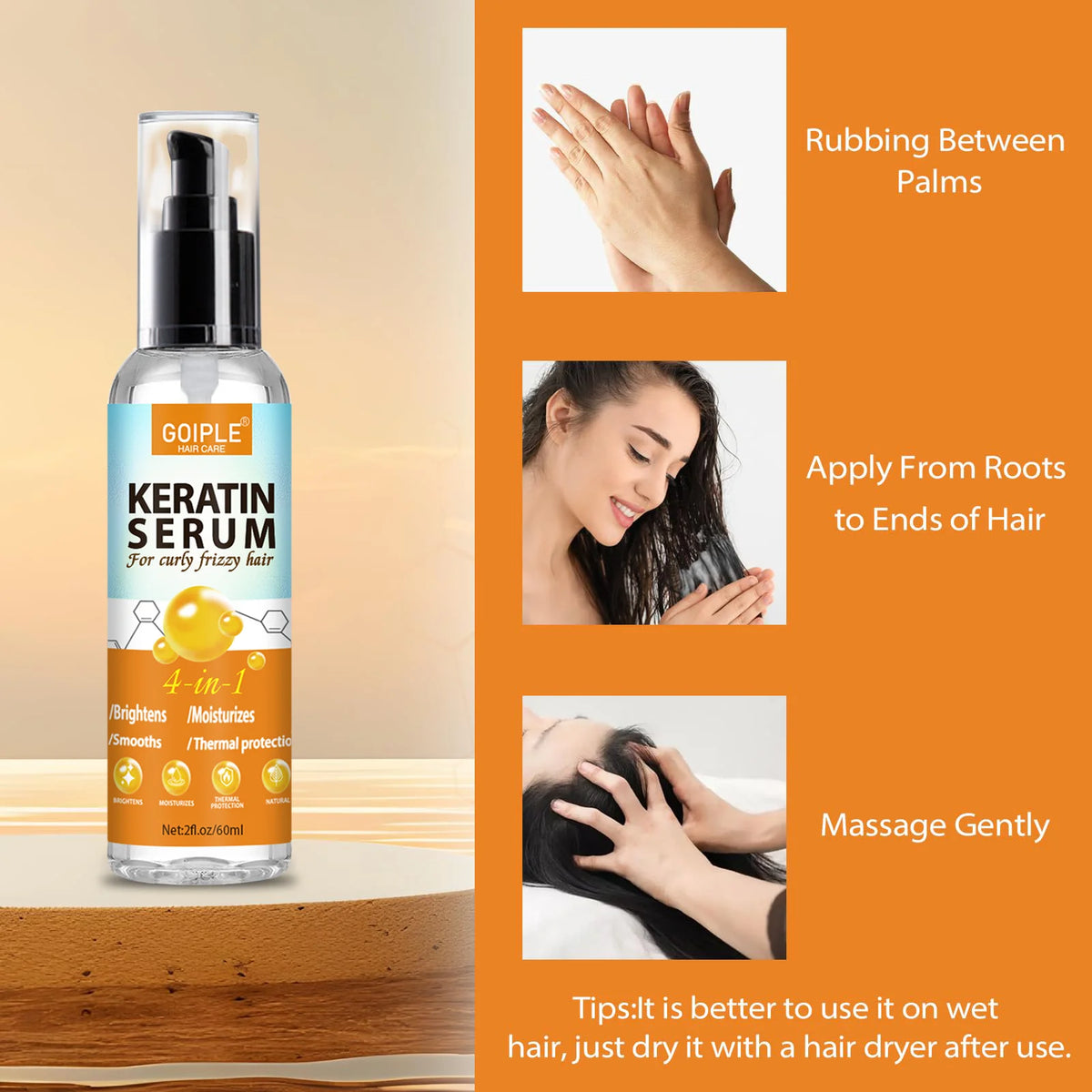 GOIPLE 4 in 1 Water-Based Keratin Serum Moisturizer Repair Dry Damaged Hair Smooth Control Frizz Oil Essence for Curly Frizzy