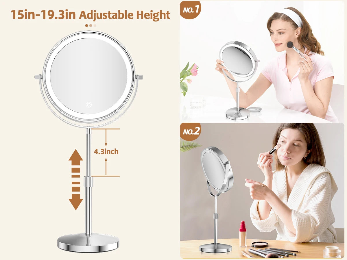 8 Inch Makeup Mirror With Light Lamp 10X Magnification 3 Color Lights,Adjustable Brightness Height Standing Cosmetic Mirror