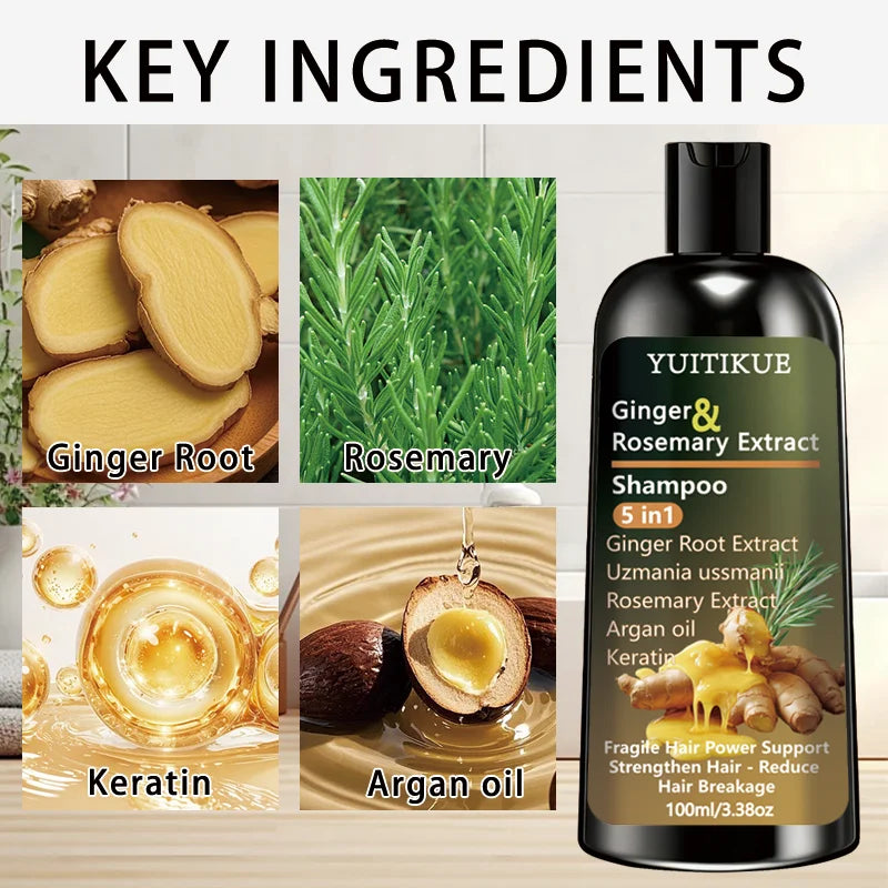 YUITIKUE Ginger & Rosemary Extract Shampoo 5-in-1: Intensive Nourish, Strengthen Hair, Reduce Breakage