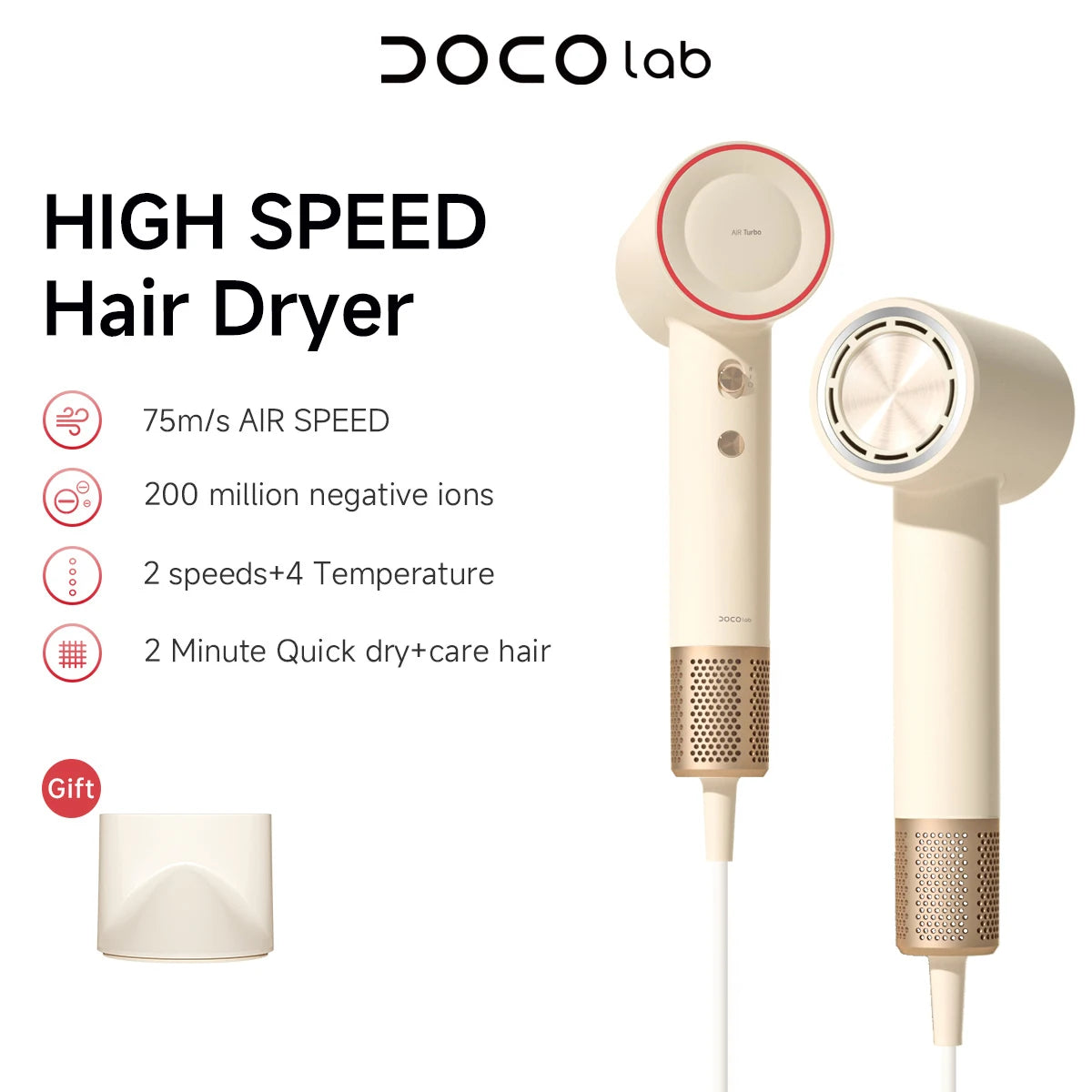 DOCO Hair Dryer High Speed 75m/s 200 Million Negative Ions Hair Care 110000 Rpm Professional Lightweight Home Travel Gift