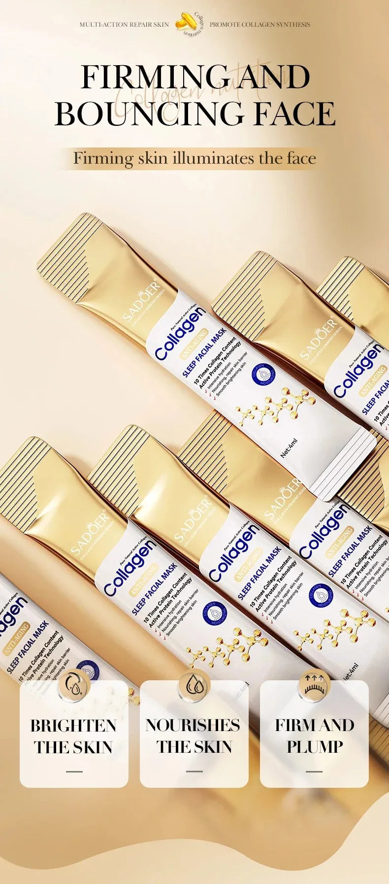 30-Piece Pack of Sadoer Collagen Sleep Mask, Facial Care, Moisturizing, Brightening, Firming, Hydrating Mask, No-Rinse Mask, Makes Skin Look More Delicate