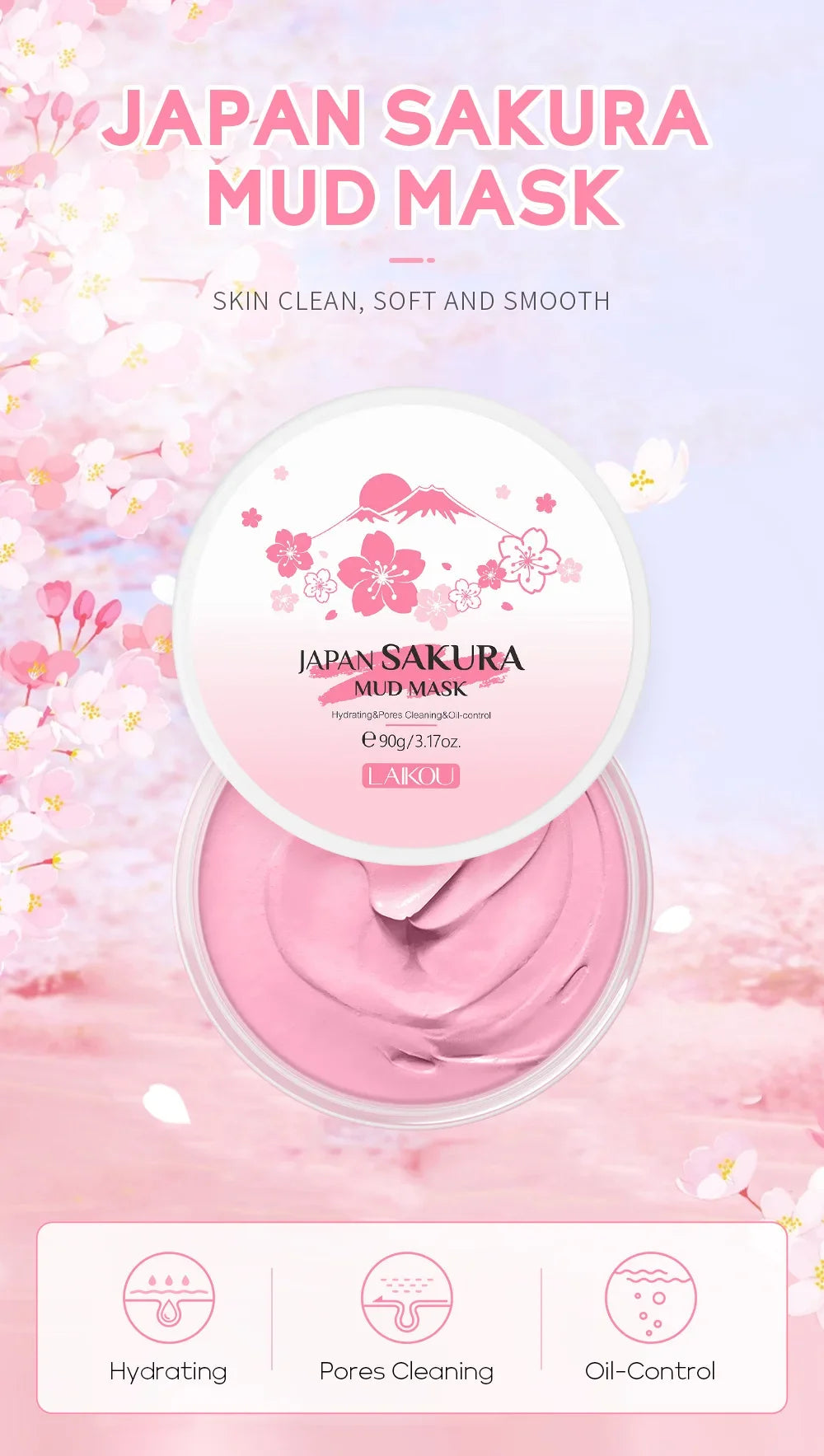 Laikou Sakura Mud Mask Deep Cleansing Oil Control Balance Antioxidan Shrink Pores Remove Blackheads Refreshing Facial Mask90/25g
