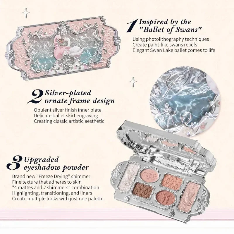 Flower Knows Black Swan Ballet Eyeshadow Palette Matte Fine Shimmer Pearl Face Palette 6 Colour Glitter Eye Shadow
