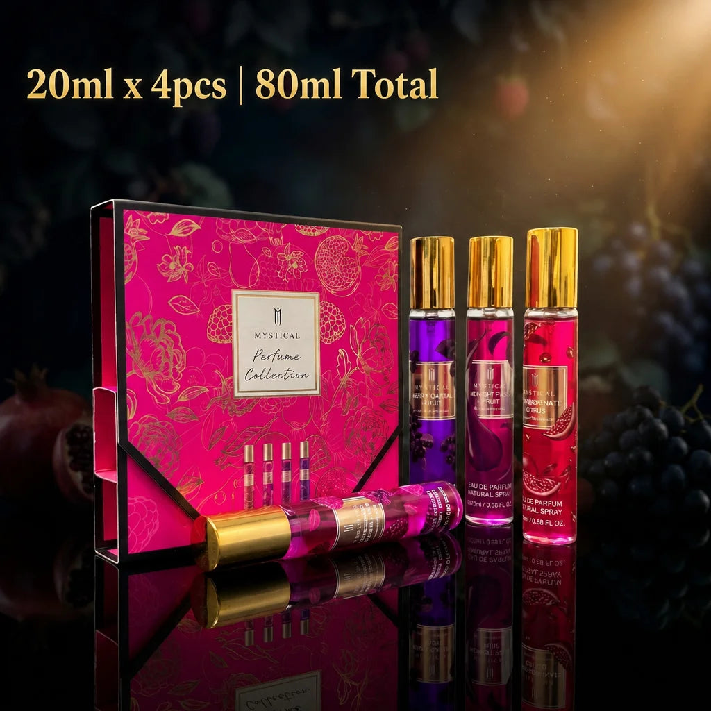 MYSTICAL 4pcs Berry & Fruit Perfume Set, Long Lasting EDP Fragrance Discovery Kit for Cocktail Parties, Vacations & Daily Wear, Raspberry Rose, Pomegranate Citrus & Merlot Pear, 0.68oz X 4 Travel Sampler, Luxury Beauty Gift f