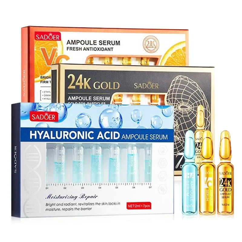7pcs/Kit SADOER Ampoule Vitamin C 24K Gold Hyaluronic Acid Serum for Face Moisturizing Brightening Hydrating Facial Essence