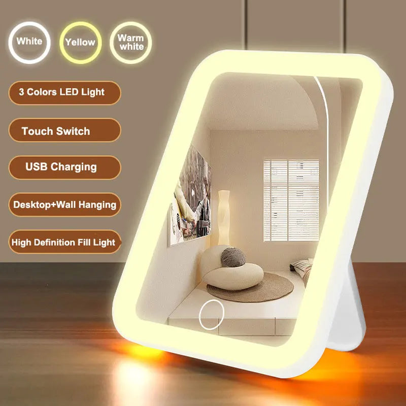 3 Colors LED Vanity Mirror with Touch Screen USB Rechargeable Dimming Makeup Mirror 3 Brightness Portable