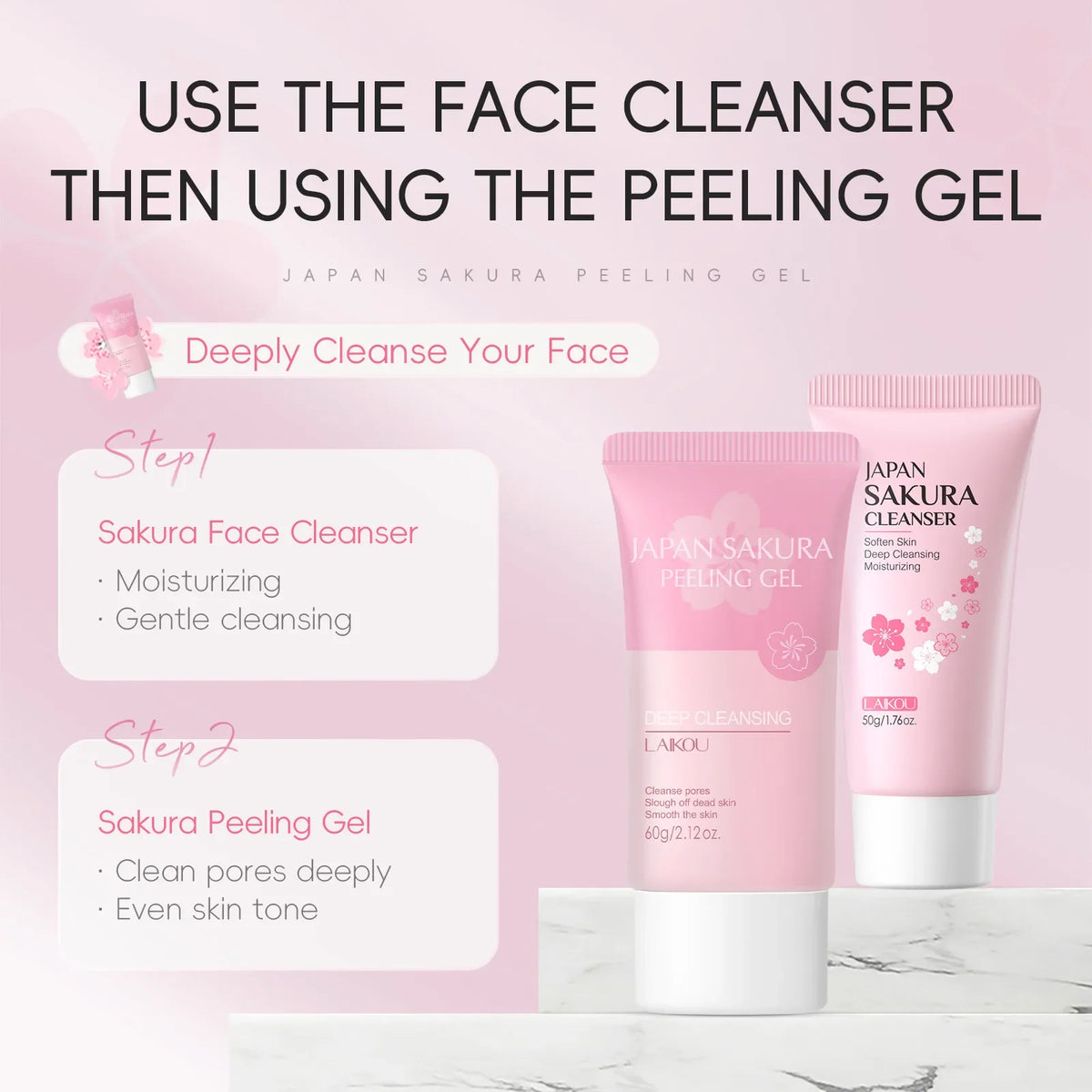 LAIKOU  Sakura Peeling Gel, Deep Cleansing Face Exfoliator, Remove Dead Skin Smooth Skin Gentle Exfoliating Scrub 60g