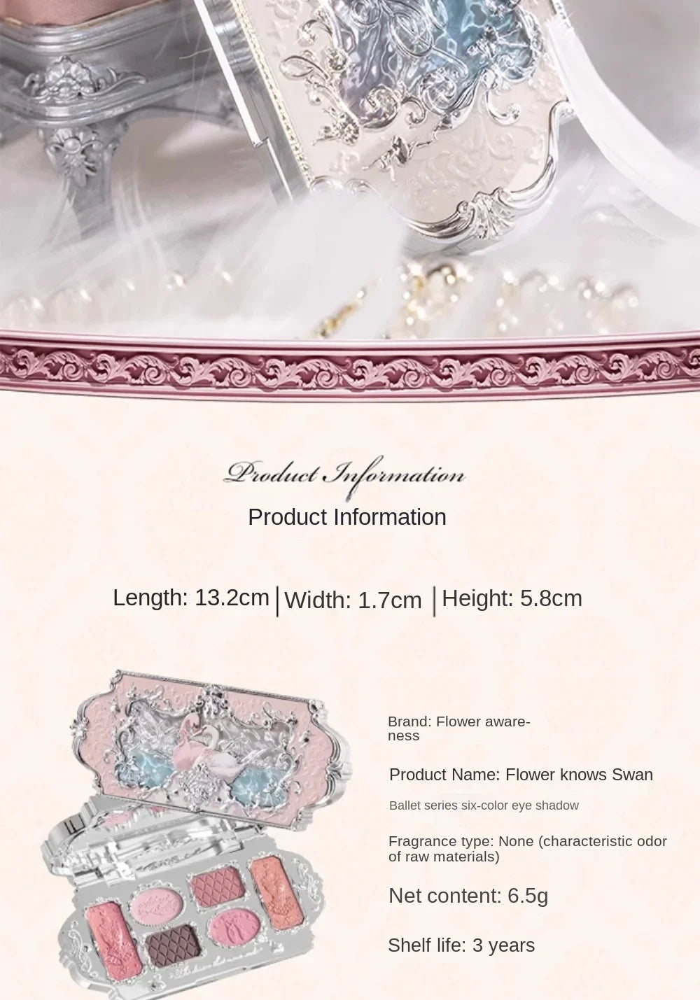 Flower Knows Black Swan Ballet Eyeshadow Palette Matte Fine Shimmer Pearl Face Palette 6 Colour Glitter Eye Shadow