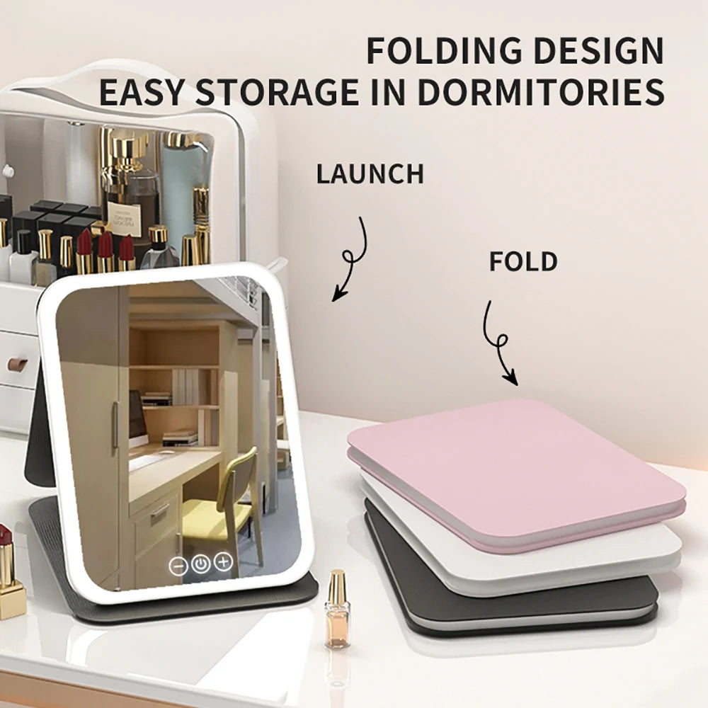 3 Colors Dimmable LED Makeup Mirror with Touch Screen Fold Cosmetic Makeup Mirror Rechargeable Tabletop for Travel & Home Use