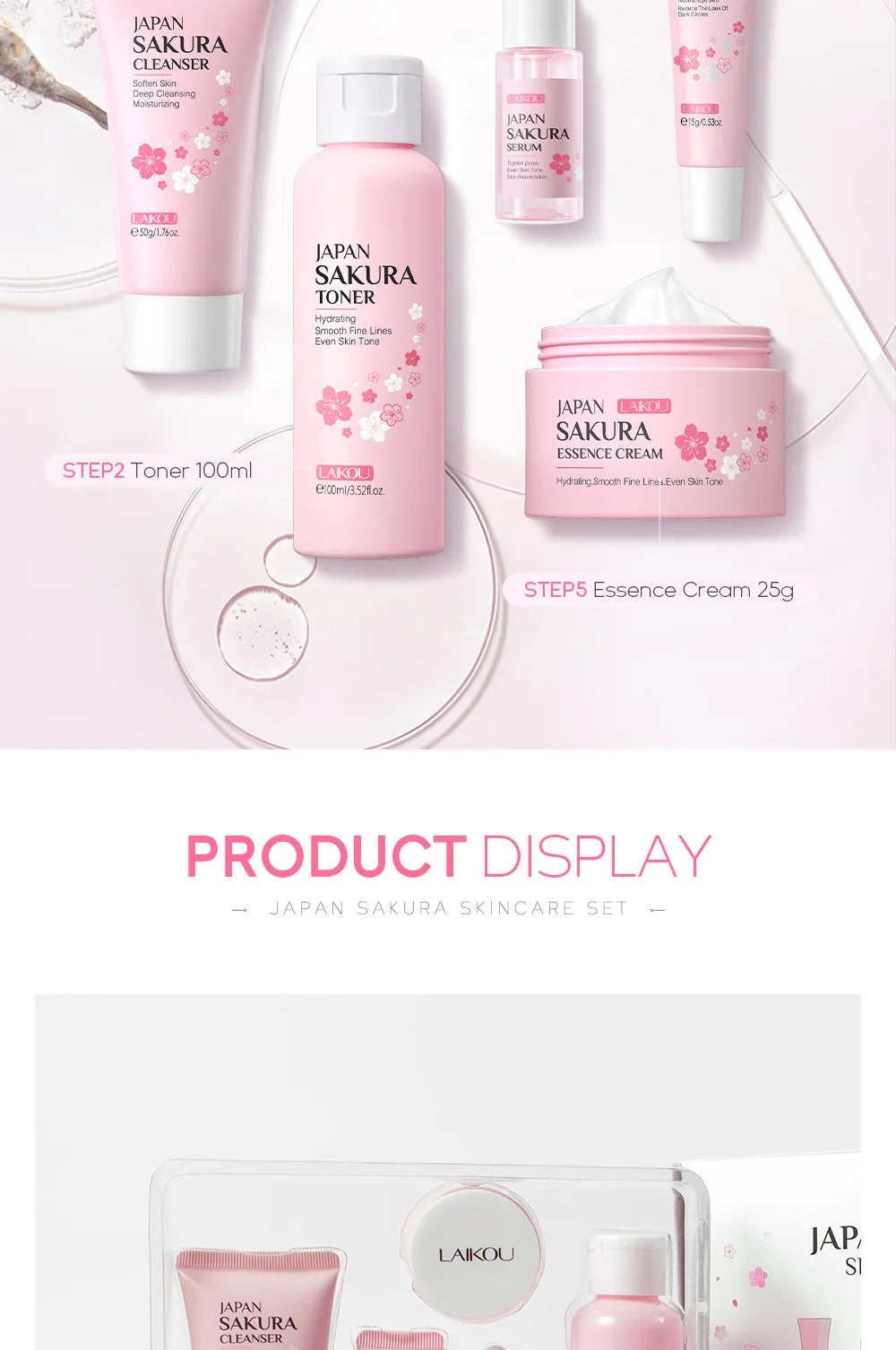 LAIKOU Sakura 5pcs Skin Care Kit Cleanser Toner Serum Eye Cream Essence Cream Moisturizing Beauty Gift Box For Women ﻿